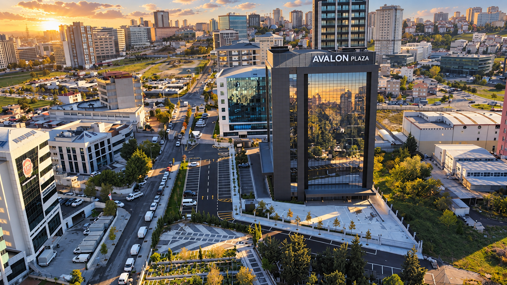 Avalon Plaza and its surroundings at sunset