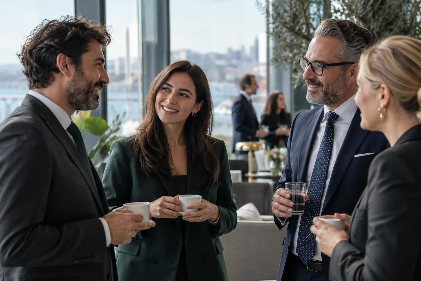 Professionals in conversation in a contemporary business setting
